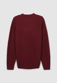 Maglione lavorato a maglia color bordeaux con maniche lunghe, colletto rotondo e polsini e orlo a coste. Tessuto liscio con un motivo uniforme.
