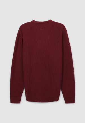 Maglione lavorato a maglia color bordeaux con maniche lunghe, colletto rotondo e polsini e orlo a coste. Tessuto liscio con un motivo uniforme.