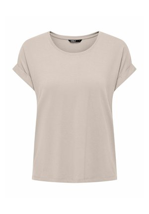 Beige T-shirt met korte mouwen, opgerolde manchetten, ronde halslijn en rechte zoom, met het label "ONLY" aan de binnenkant van de kraag.