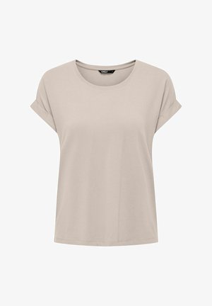 Béžové tričko s krátkými rukávy s ohrnutými manžetami, kulatým výstřihem a rovný lem, s nápisem "ONLY" uvnitř límce.