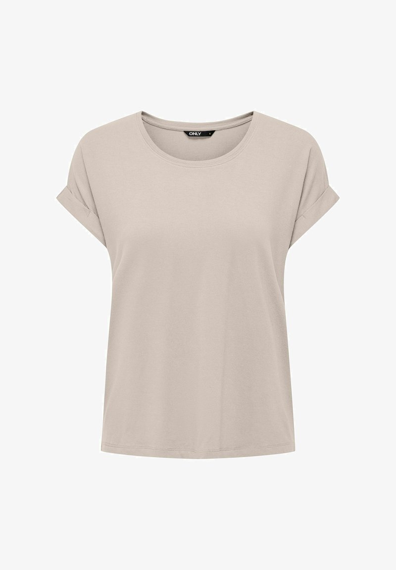Beige T-Shirt mit kurzen Ärmeln und aufgerollten Bündchen, Rundhalsausschnitt und geradem Saum, innen am Kragen mit dem Label "ONLY" versehen.