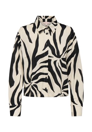 Cămașă cu mânecă lungă și nasturi, cu dungi zebrate alb-negru și guler standard.