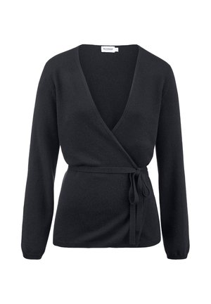 Maglione avvolgente nero realizzato in tessuto morbido, con scollatura a V profonda, maniche lunghe e dettaglio in vita annodato. Design minimalista, senza motivi.