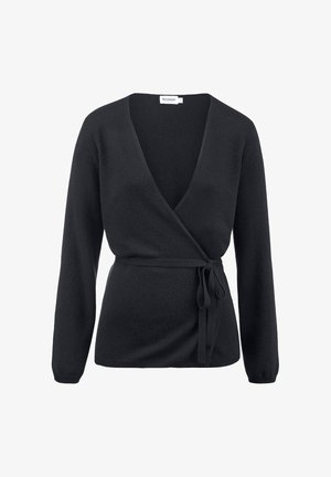 Black wrap sweater made from soft fabric featuring a deep V-neck, long sleeves, and a tied waist detail. Minimalist design, no patterns.