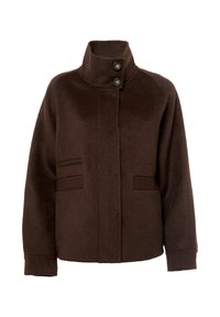Giacca in lana marrone con colletto alto, due tasche frontali e due chiusure con bottone. Texture morbida e vestibilità rilassata.