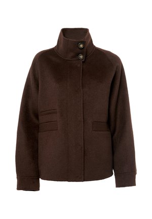 Veste en laine marron avec un col montant, deux poches avant et deux fermetures à bouton. Texture douce et coupe décontractée.