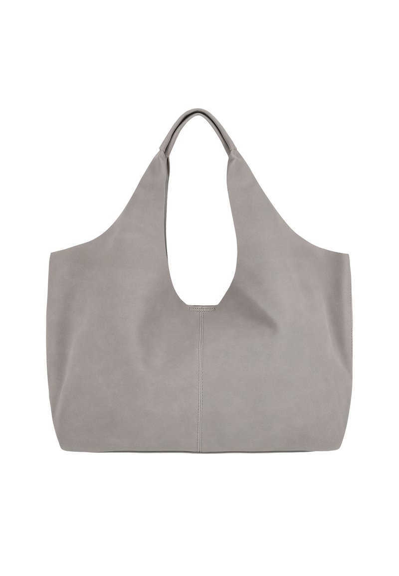 Szürke bőr bevásárlótáska sima textúrával, nagy nyitott tetejű és egyedi kivágásos fogantyú dizájnnal. Központi varratot tartalmaz a szerkezet érdekében.