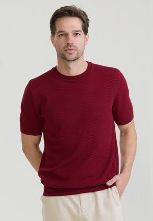 Mężczyzna z krótkimi brązowymi włosami, ubrany w teksturowany bordowy sweter z krótkim rękawem i jasnobeżowe spodnie, stoi z ręką w kieszeni.