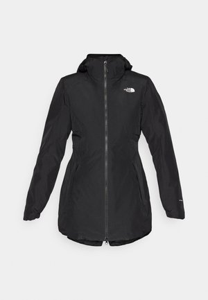 Black waterproof jacket with a hood, front zipper, side pockets, and elastic cuffs. Features logo on the chest and a slightly curved hem.