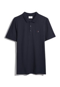 Marineblaues Poloshirt aus strukturiertem Stoff mit kurzen Ärmeln, Dreiknopfleiste und kleinem Logoakzent auf der Brust.