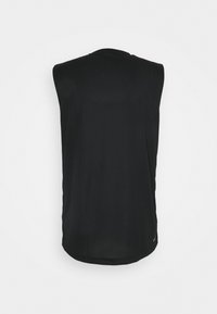 Débardeur de sport noir en tissu léger, avec un col rond et un ourlet légèrement incurvé pour le confort.