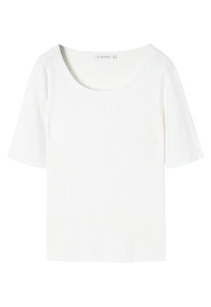 White ribbed short-sleeve top with a rounded neckline and soft texture, featuring a label at the collar with the brand name and size.