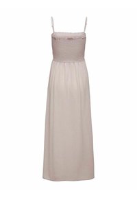 Robe maxi beige sans manches avec corsage smocké et fines bretelles réglables.