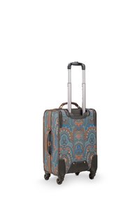 Rolling suitcase with a paisley pattern, primarily in blue and brown. Features a telescopic handle, side handles, and four wheels.