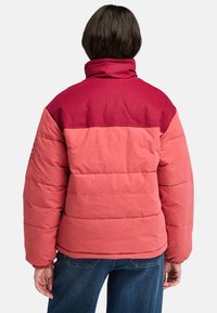 Chaqueta acolchada en rosa y burdeos, con un cuello alto y puños elásticos. El material parece suave con una textura acolchada.