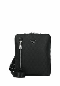 Borsa a tracolla nera con motivo, superficie testurizzata, chiusura con zip, hardware in tonalità argento, tracolla regolabile e accentuata con logo sulla parte frontale.