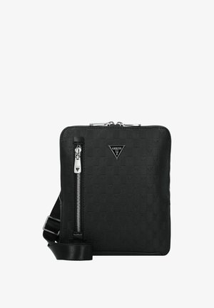 Borsa a tracolla nera con motivo, superficie testurizzata, chiusura con zip, hardware in tonalità argento, tracolla regolabile e accentuata con logo sulla parte frontale.