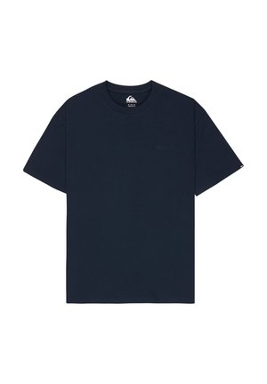 Marineblaues T-Shirt mit kurzem Ärmel und Rundhalsausschnitt, mit kleinem Ton-in-Ton-Logo auf der Brust und einem bedruckten Label im Krageninnenteil.