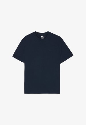 Marineblaues T-Shirt mit kurzem Ärmel und Rundhalsausschnitt, mit kleinem Ton-in-Ton-Logo auf der Brust und einem bedruckten Label im Krageninnenteil.