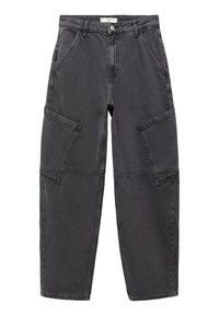 Črne denim cargo hlače s sproščenim krojem, ki imajo velike stranske žepe, gumbasto zapiranje in klasičen pet-pocket dizajn.