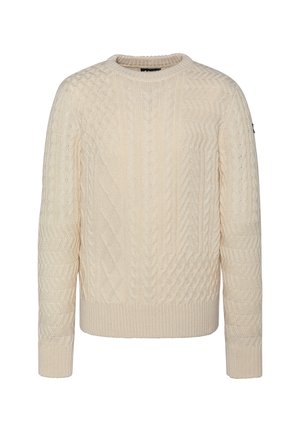 Gebreide pullover trui in lichtcrème. Kenmerkt zich door getextureerde kabelpatronen, ronde halslijn en ribgebreide manchetten en zoom. Zacht, dik materiaal.