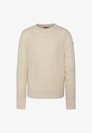 Pull en tricot couleur crème clair. Présente des motifs de câbles texturés, un col rond et des poignets et un ourlet côtelés. Matériau doux et épais.