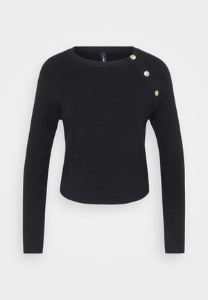 Zwart gebreid sweater met lange mouwen, ronde halslijn en drie gouden knopen op de linkerschouder. Gladde textuur en cropped ontwerp.