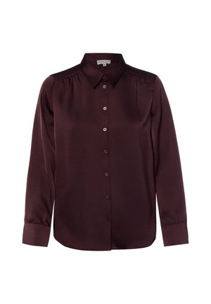 Dunkellila Satinbluse mit langen Ärmeln, spitzem Kragen, Knopfleiste vorne und geknöpften Manschetten.