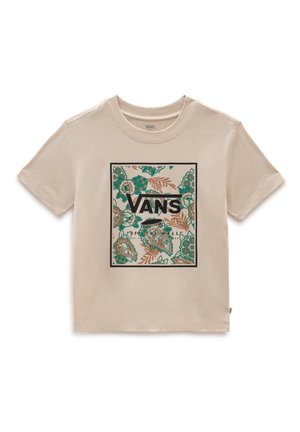 Beige kortærmet t-shirt med et farverigt motiv af grønne og orange blomster og teksten "VANS" i fed sort skrift.