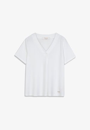 Bijela T-majica kratkih rukava s V-izrezom, izrađena od glatke tkanine, s diskretnim prednjim šavom i malim logotipom na rubu.