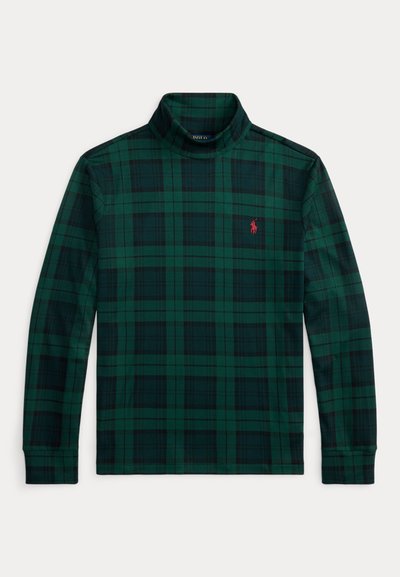 Sötétzöld hosszú ujjú galléros póló fekete és kék kockás mintával, magas gallérral és kis piros logóval a bal mellrészen.