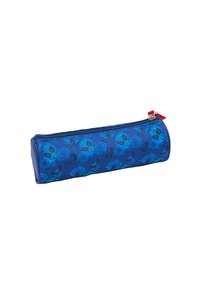 Blue pencil case with a cylindrical shape, made of durable material. Features a zipper and a pattern of dark blue designs throughout.