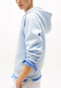 Felpa azzurra chiara con una consistenza morbida. Presenta un cappuccio con cordino, polsini a costine e una camicia a righe blu e bianche che spunta dall'orlo.