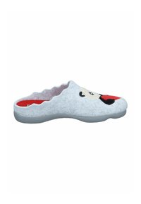 Gray felt slide slipper with a scalloped edge, featuring a panda face design with a red nose, and a textured gray rubber sole.