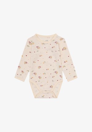 Body in cotone color crema a maniche lunghe per neonati, con piccoli motivi floreali sparsi in giallo, rosa e rosso, dotato di chiusure a pressione sul fondo.