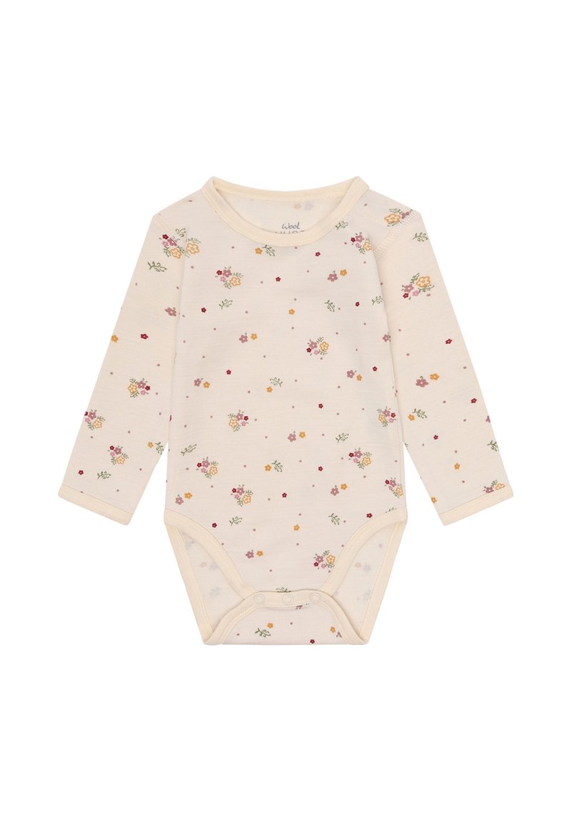 Cremfarbener Baby-Body mit langen Ärmeln und kleinen verstreuten Blumenmustern in Gelb, Pink und Rot, mit Druckknöpfen im Schritt.