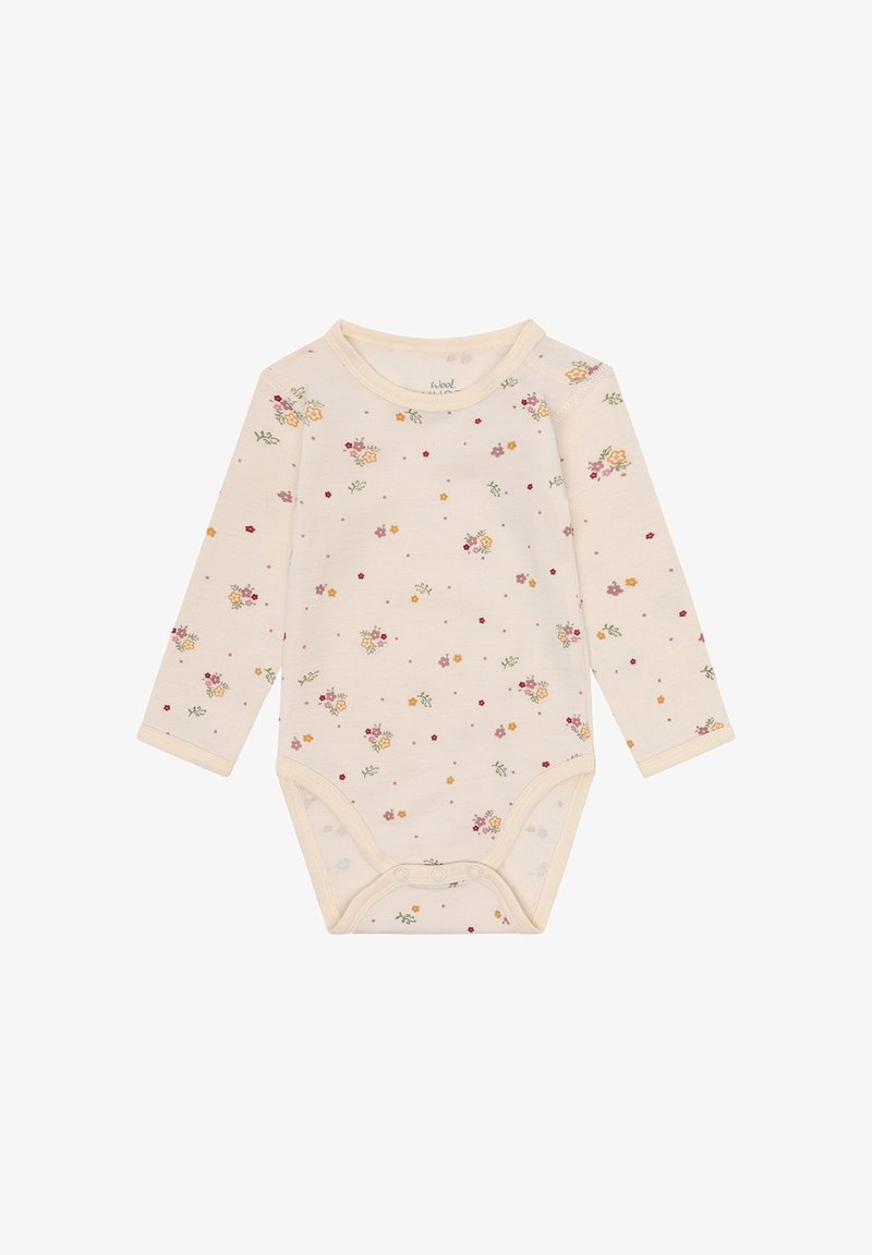 Cremfarbener Baby-Body mit langen Ärmeln und kleinen verstreuten Blumenmustern in Gelb, Pink und Rot, mit Druckknöpfen im Schritt.
