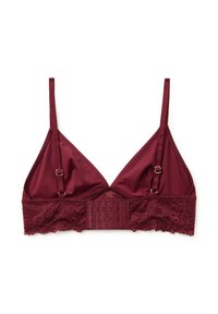 Vínová braletka vyrobená z hladké tkaniny s krajkovým lemem, s nastavitelnými ramínky a zapínáním na háček a oko vzadu.