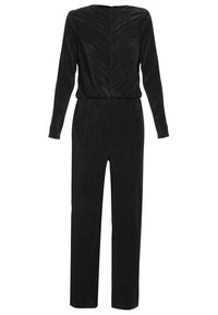 Mono negro con mangas largas, tela texturada y espalda en forma de V. Presenta una cintura definida y piernas rectas para una silueta estilizada.