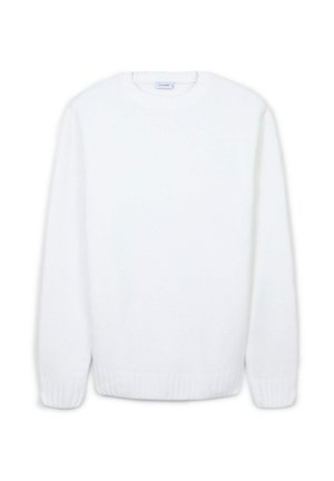Maglione bianco lavorato a maglia con scollatura rotonda, maniche lunghe, polsini e orlo a coste, caratterizzato da un tessuto testurizzato per un aspetto morbido.