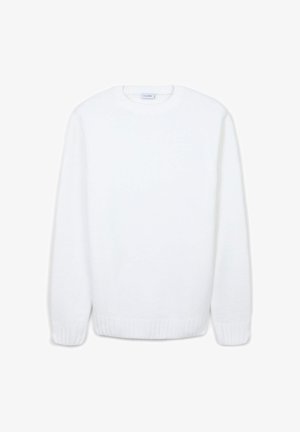 Maglione bianco lavorato a maglia con scollatura rotonda, maniche lunghe, polsini e orlo a coste, caratterizzato da un tessuto testurizzato per un aspetto morbido.