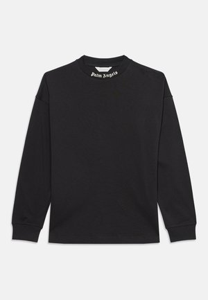 T-shirt noir à manches longues à col rond avec "Palm Angels" imprimé en police gothique blanche à l'intérieur du col.