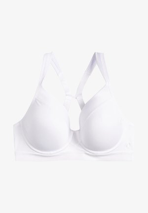 Reggiseno bianco imbottito con spalline regolabili, design a incrocio sulla schiena e texture della stoffa liscia. Caratterizzato da un ferretto strutturato per il supporto.