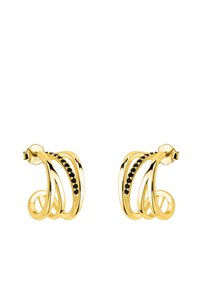 Orecchini in metallo color oro con un design a spirale, una fila di pietre nere incastonate lungo le curve, finitura lucida e fissati con perni.