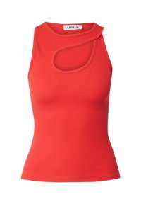 Rotes geripptes Tanktop mit einem Cut-Out-Detail an der linken Schulter. Aus einem dehnbaren Stoff gefertigt, hat es eine taillierte Silhouette und einen Rundhalsausschnitt.