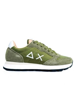 Olive green sneaker with suede details, white sole, black tread, and white geometric symbols on the side.