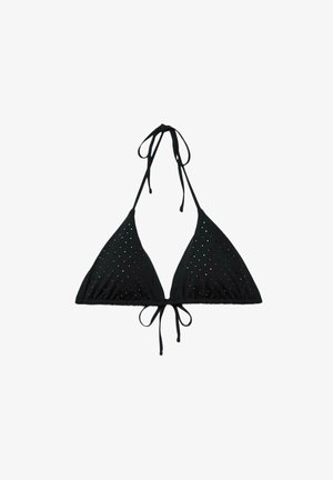Top bikini nero a triangolo con piccole borchie color argento, dotato di chiusure regolabili con lacci al collo e sulla schiena.