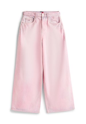 Jean rose clair à jambes larges avec boutons à l'avant, passants pour ceinture, et design à cinq poches, posé à plat sur fond blanc.