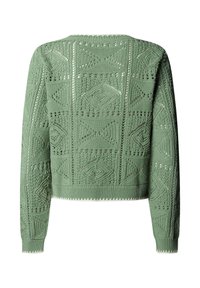 Svetlo zelena pletena majica z zapletenimi geometrijskimi in čipkastimi vzorci, dolgimi rokavi ter robom in manšetami z rebrastim vzorcem.