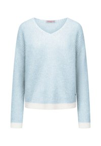 Jasnoniebieski sweter w paski wykonany z miękkiego dzianiny, z dekoltem w serek, długimi rękawami oraz kontrastowymi białymi wykończeniami u dołu i na mankietach. Luzny krój.